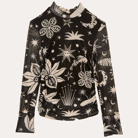 FARM Rio Tops - NWT Farm Rio Cerrado Sky Printed Mesh Ruched Mock Neck Long Sleeve Top